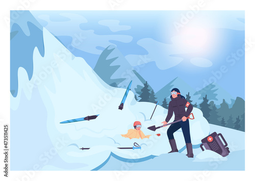 Ski resort rescuer. Finding people operation. Lifesaver digging a person