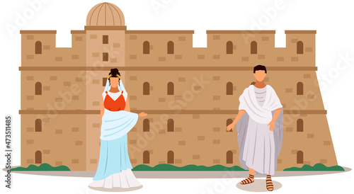 Rome fortress, ancient inhabitants city dwellers stand near antique building in square. Roman citizens dressed in national costumes greek woman and man stand near destroyed monument of architecture