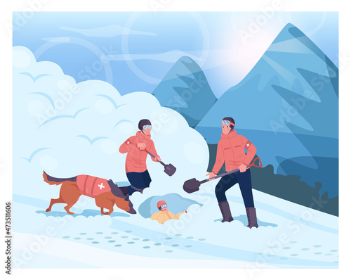 Ski resort rescuer team. Finding people operation with a rescue dog.