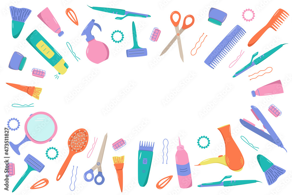 Hairdressing tool kit for beauty salon or home use. Vector illustration of doodle icons for self and hair care. Comb, razor, hair dryer, curling iron and other items.