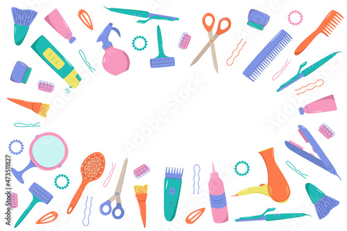Hairdressing tool kit for beauty salon or home use. Vector illustration of doodle icons for self and hair care. Comb, razor, hair dryer, curling iron and other items.