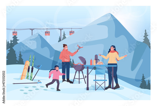 Winter bbq concept. Winter holiday outdoors activity. Ski resort bbq