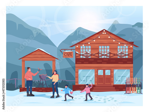 Winter bbq concept. Family grilling hot dogs in outdoor kitchen, ski
