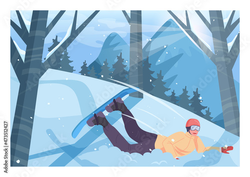Man in a snow bank. Snowboarder fell down a hill snowboarding.