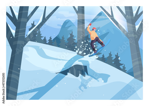 Male character on snowboard, freeriding. Snowboarder riding