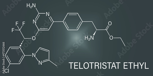 Telotristat ethyl drug molecule, tryptophan hydroxylase inhibitor. Skeletal formula.