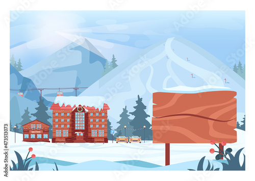 Skiing resort billboard. Winter vilage with a hotel and ski tracks and lifts.