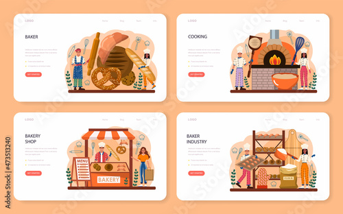 Baker web banner or landing page set. Chef in the uniform baking bread.