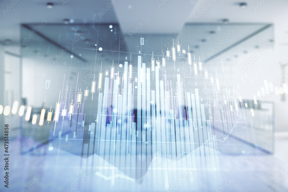 Multi exposure of virtual abstract financial diagram on a modern furnished office interior background, banking and accounting concept Multi exposure of virtual abstract financial diagram on a modern furnished office interior background, banking and accounting concept