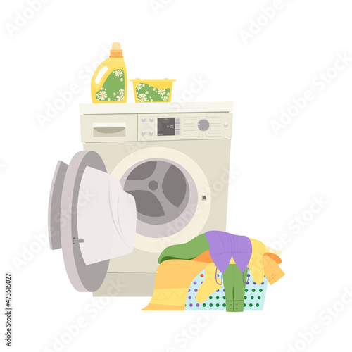 Front loading washing machine. The door is open. Basket with dirty clothes. A bottle of liquid detergent and a box of laundry capsules. Cartoon vector washer. The isolated object on a white background