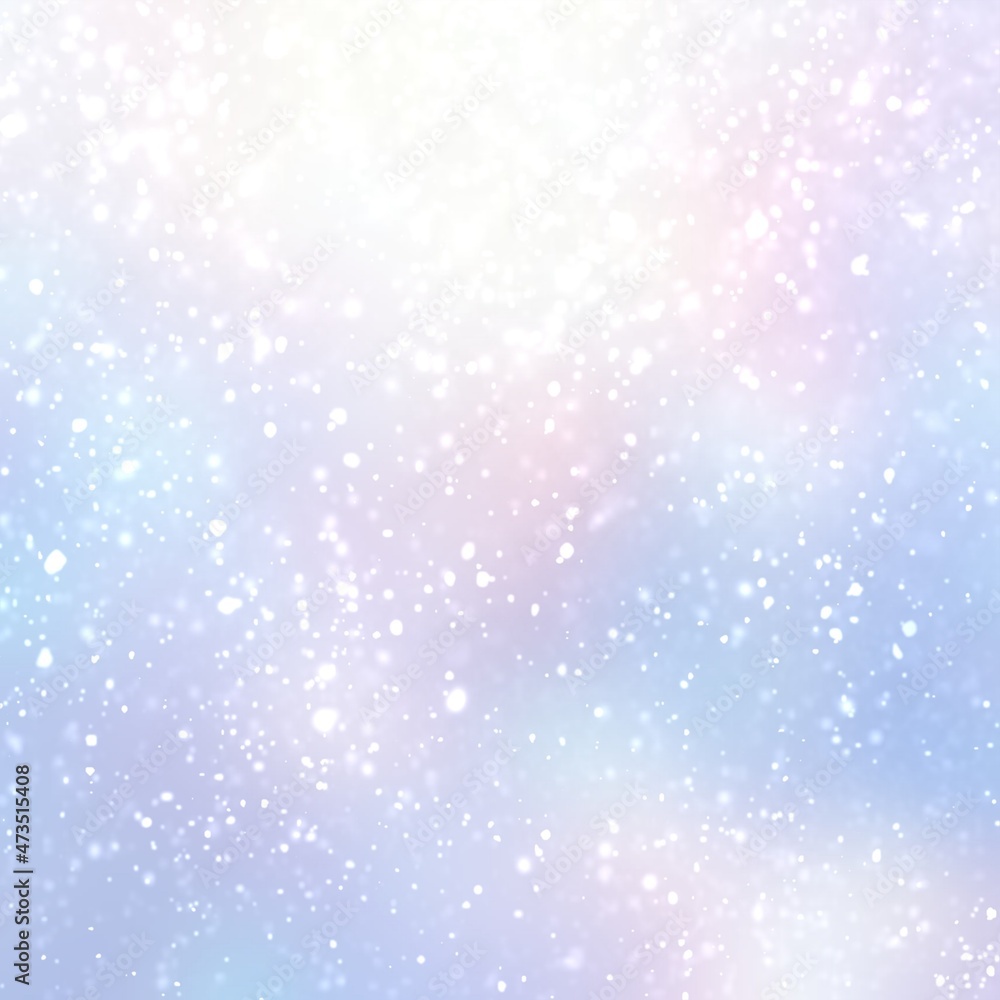 Light soft snowflakes falling on white blue pink formless blur background. Pastel iridescent winter texture.