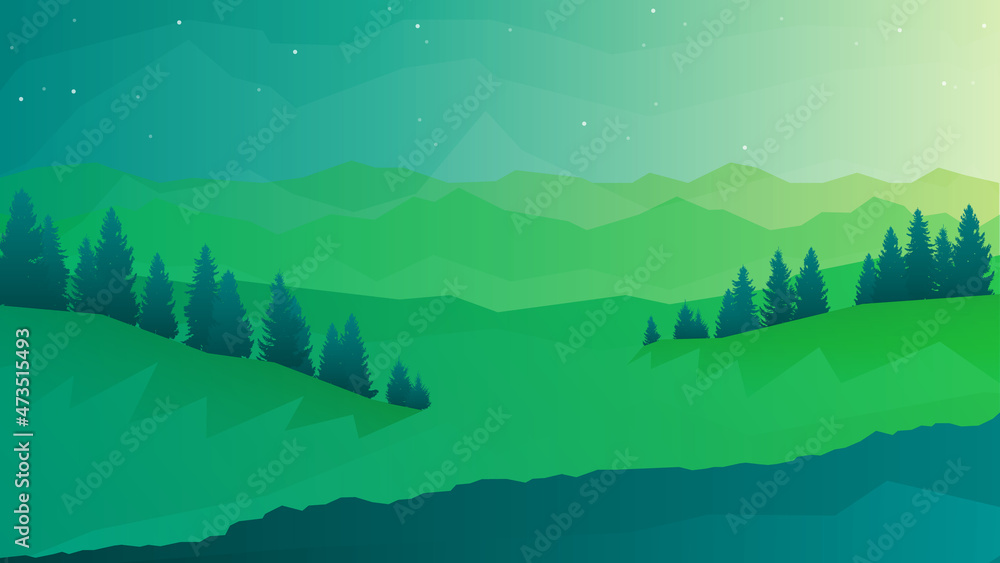 Natural landscape, the sunrise scene in nature with mountains and forest, silhouettes of trees. Hiking tourism. Adventure. Minimalist graphic flyers. Polygonal flat design for coupon, voucher, card