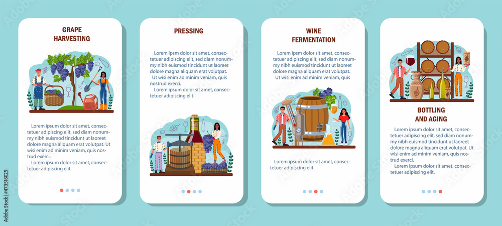 Wine maker mobile application banner set. Grape wine aging