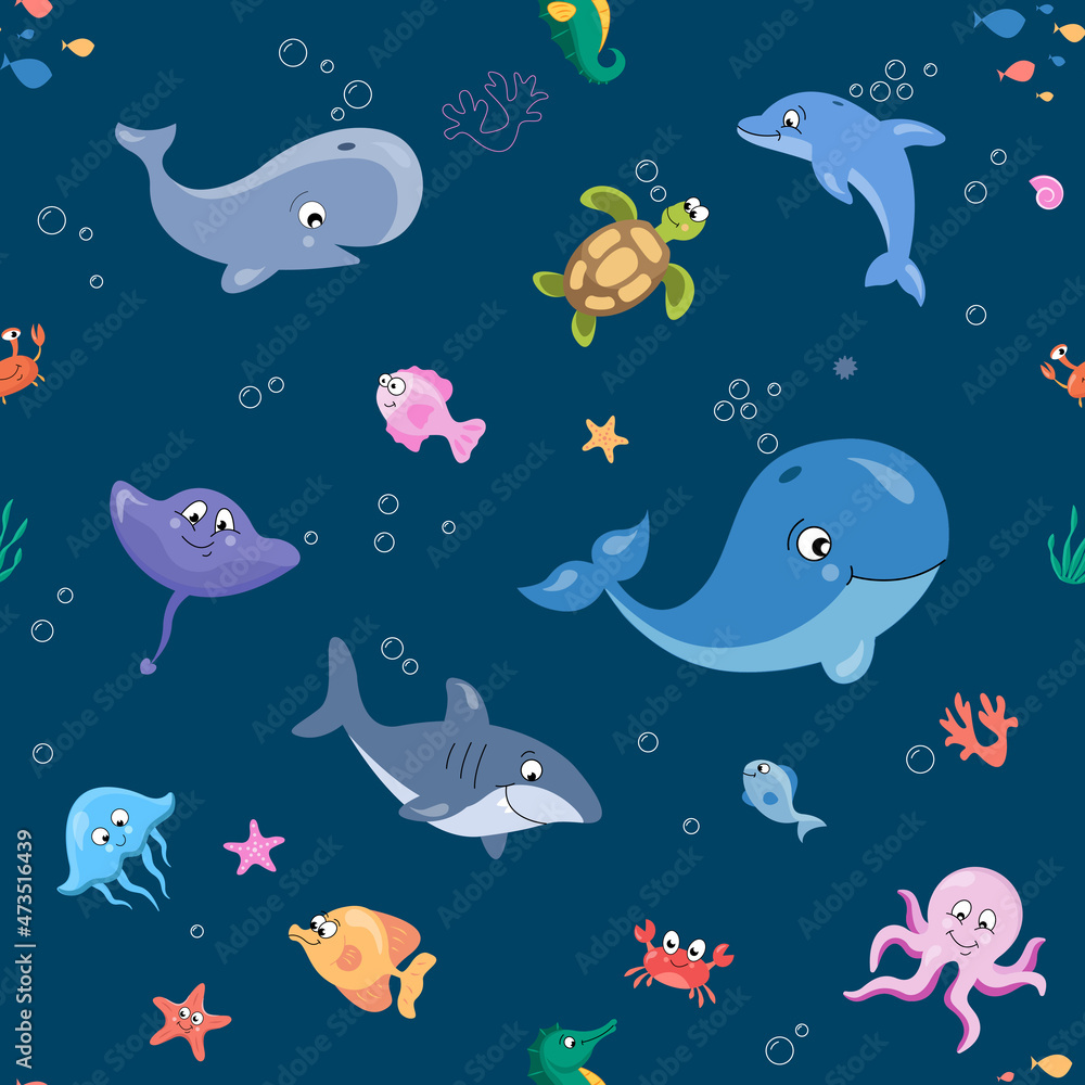 Childish isolated seamless pattern. Colorful ocean illustration. Scandinavian style. Kids texture for fabric, wrapping, textile, wallpaper, apparel.Textile pattern with cute fish Childish isolated seamless pattern. Colorful ocean illustration. Scandinavian style. Kids texture for fabric, wrapping, textile, wallpaper, apparel.Textile pattern with cute fish