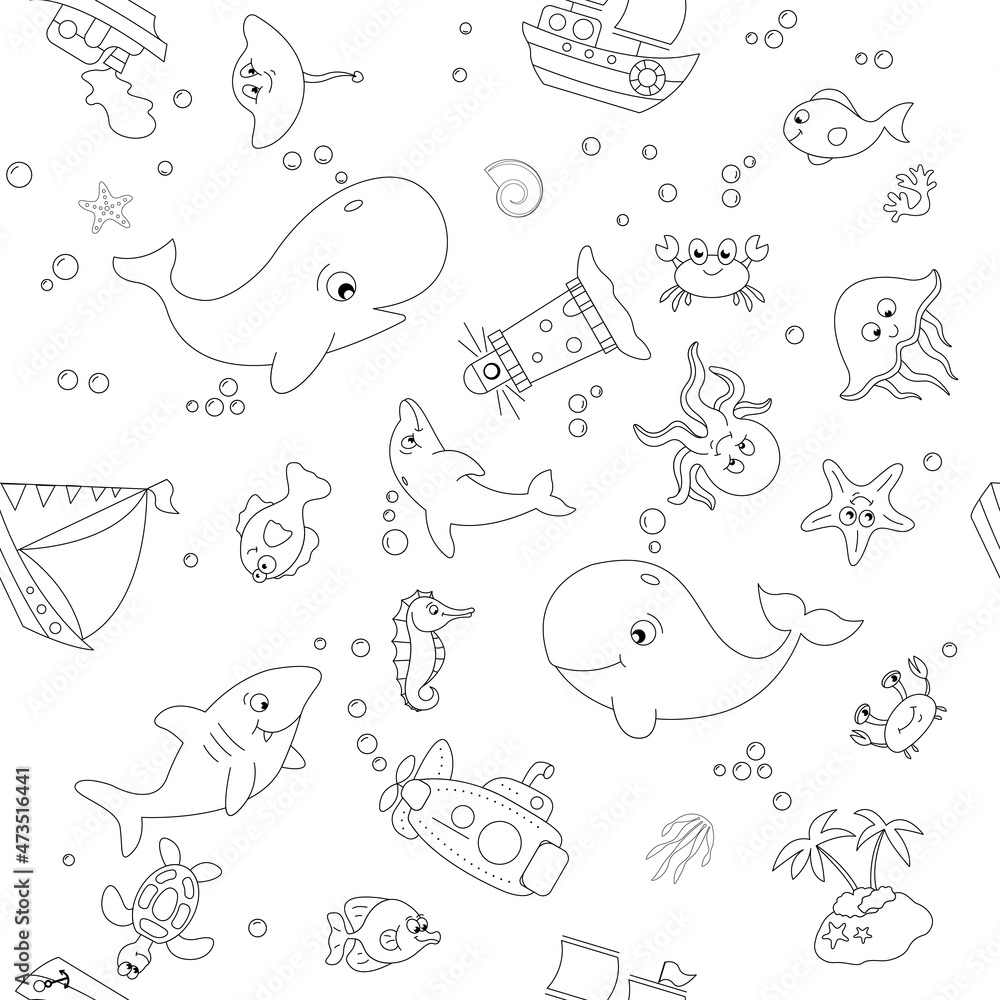 Childish isolated seamless pattern. Underwater ocean illustration. Scandinavian style. Texture for fabric, wrapping, textile, wallpaper, apparel.Kids textile pattern with cute fish Childish isolated seamless pattern. Underwater ocean illustration. Scandinavian style. Texture for fabric, wrapping, textile, wallpaper, apparel.Kids textile pattern with cute fish