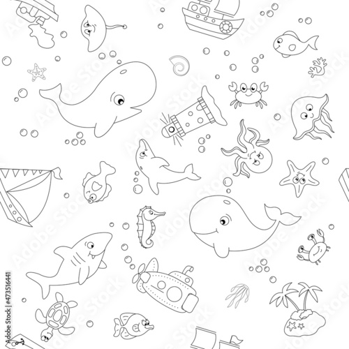 Childish isolated seamless pattern. Underwater ocean illustration. Scandinavian style. Texture for fabric, wrapping, textile, wallpaper, apparel.Kids textile pattern with cute fish