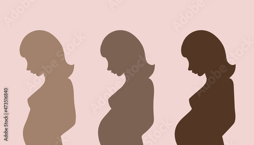 Set of silhouettes profile of pregnant woman with a belly in different trimesters. Changes in a woman's body in pregnancy stages. Pastel color elements isolated on pink background. Vector illustration