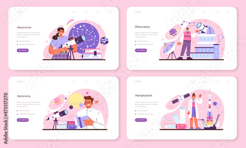 Astronomy and astronomer web banner or landing page set. Professional scientist