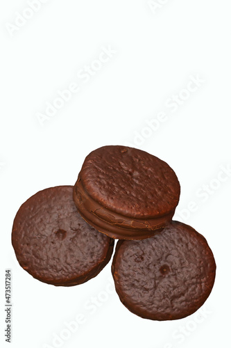 Chocolate-coated cookies isolated on a white background. © Petr