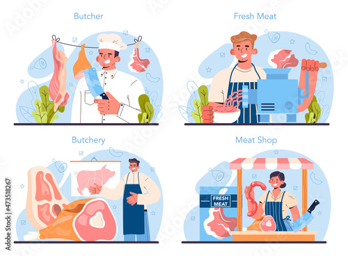 Butcher or meatman concept set. Fresh meat and semi-finished products