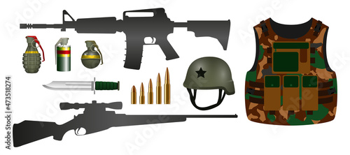 set of realistic military equipment or army weapon and grenade or ammunition combat gun concept. eps vector