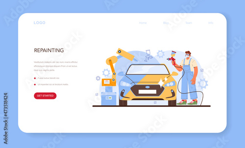 Car service web banner or landing page. Mechanic in uniform paint
