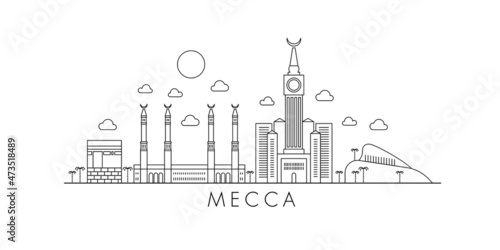 Mecca city flat illustration. Mecca holiday travel line drawing. Modern lineart Mecca illustration. Hand sketched poster, banner, postcard, card template for travel company, T-shirt, shirt. Vector EPS