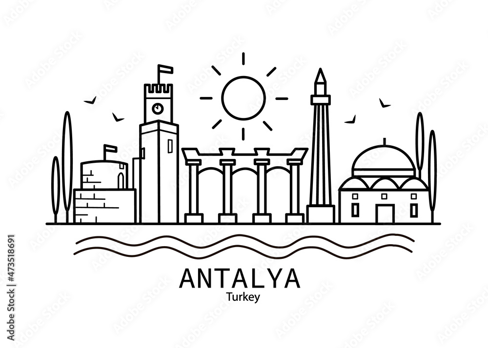 Obraz premium Antalya flat illustration. Antalya line drawing. Modern style Antalya city illustration. Hand sketched poster, banner, postcard, card template for travel company, T-shirt, shirt. Vector EPS 10