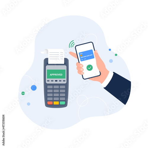POS terminal with smartphone and credit card. Contactless payment by smartphone, near-field communication protocol, and e-payment. Vector flat illustration.