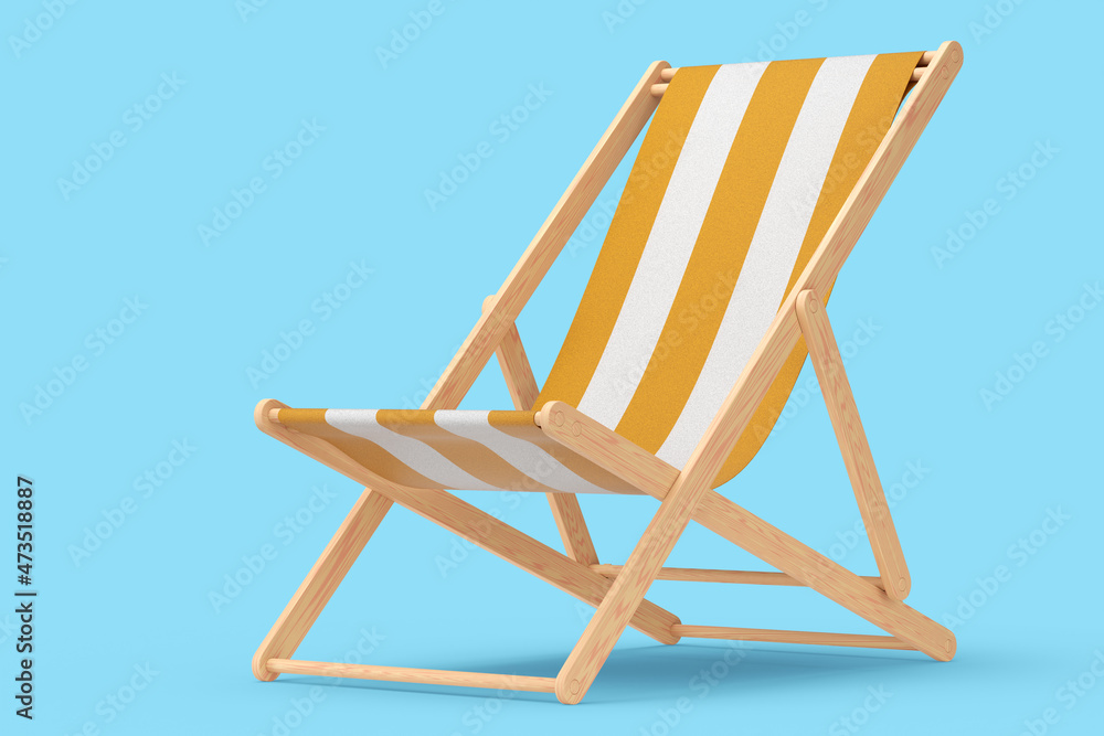 Orange striped beach chair for summer getaways isolated on blue background.