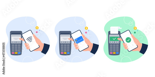 Processing of NFC payment. POS terminal with smartphone and credit card. Contactless payment by smartphone, near-field communication protocol, and e-payment. Vector flat illustration.