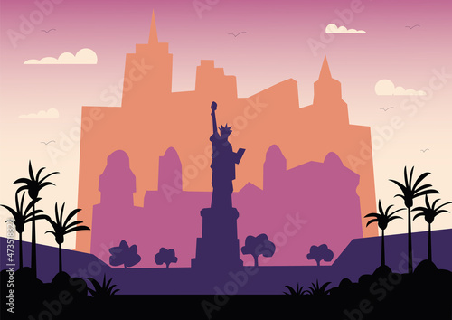 Las Vegas flat illustration. Vegas holiday travel flat drawing. Modern style american city cartoon illustration. Hand sketched poster, banner, postcard, card template for travel company, T-shirt