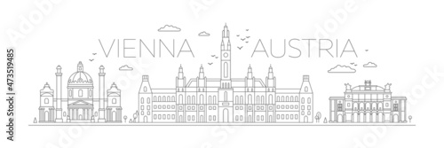 Vienna lineart illustration. Austria holiday travel flat drawing. Modern style Vienna city illustration. Hand sketched poster, banner, postcard, card template for travel company, T-shirt, shirt