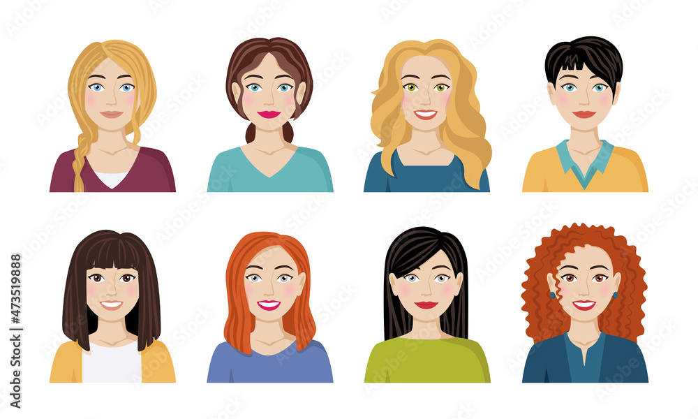 A set of avatars of happy people of different appearance, hairstyles. Portraits of women. Vector illustration in cartoon flat style. A set of avatars of happy people of different appearance, hairstyles. Portraits of women. Vector illustration in cartoon flat style.