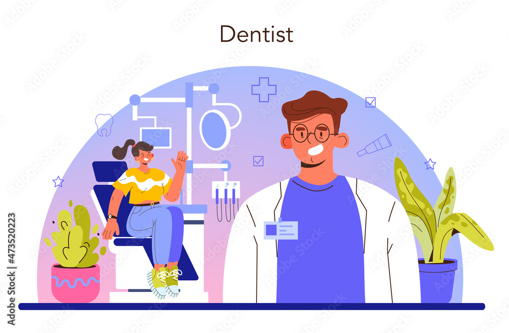 Dentist concept. Dental doctor in uniform treating human teeth