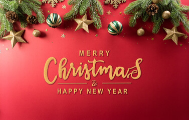 Christmas and new year background concept. Top view of Christmas decoration made from snowflake, christmas ball and  pine branches on red background.