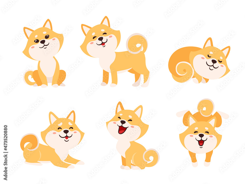 Vector set with cute shiba inu isolated on white