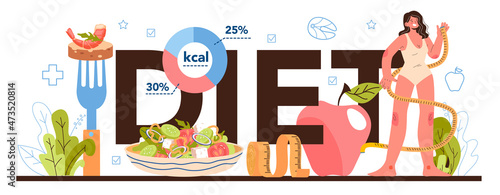 Diet typographic header. Nutrition therapy with healthy food