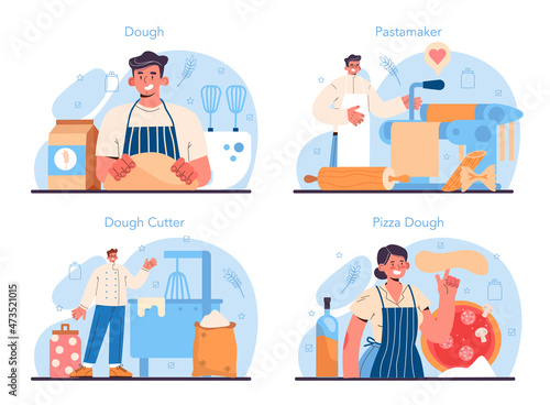 Dough products making set. Baking industry, pastry baking process.