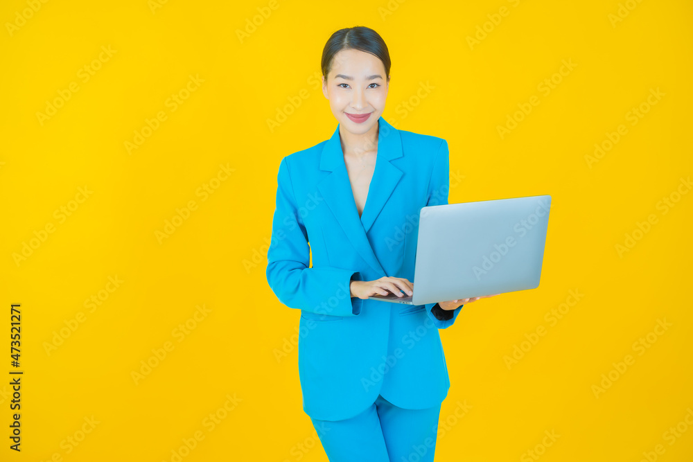 Portrait beautiful young asian woman smile with computer laptop Portrait beautiful young asian woman smile with computer laptop