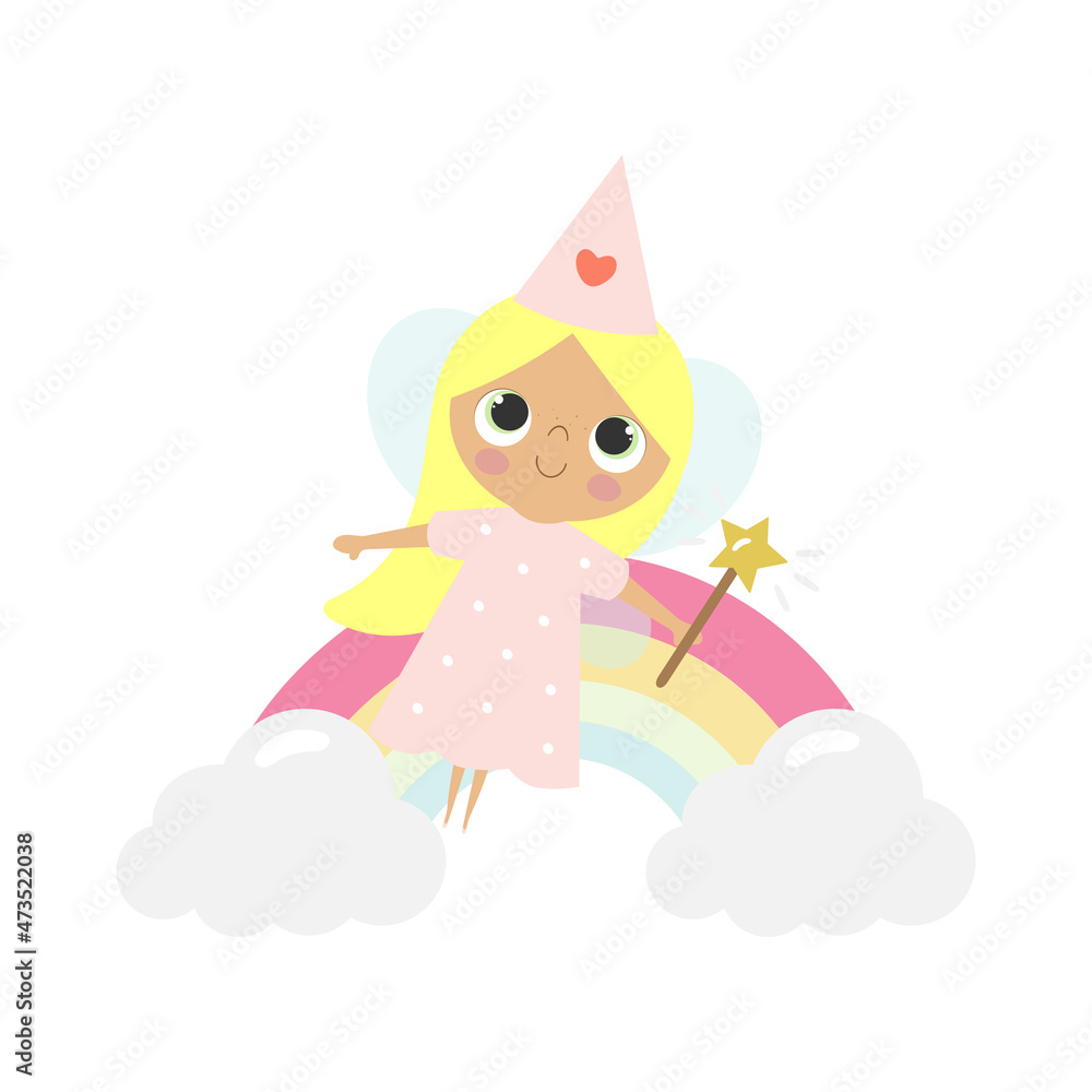 Cute little Fairy in cartoon style. Vector illustration in white background. For kids stuff, card, posters, banners, children books and print for clothes, t shirts. Girl print. Cute little Fairy in cartoon style. Vector illustration in white background. For kids stuff, card, posters, banners, children books and print for clothes, t shirts. Girl print.
