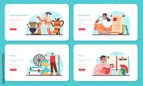 Historian web banner or landing page set. History scientist or archaeologist.
