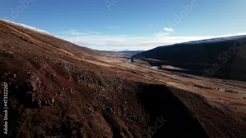 drone over dramatic Icelandic landscape of hillsides and river photo