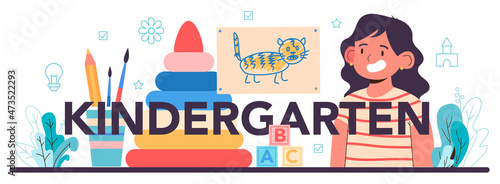 Kindergarten typographic header. Professional nany and children