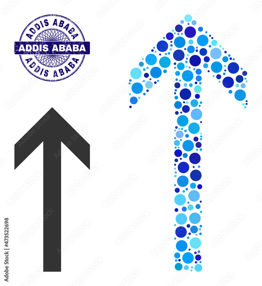 Circle collage arrow up icon and ADDIS ABABA round unclean stamp seal. Violet stamp includes ADDIS ABABA caption inside circle and guilloche structure. Vector collage is based on arrow up icon,