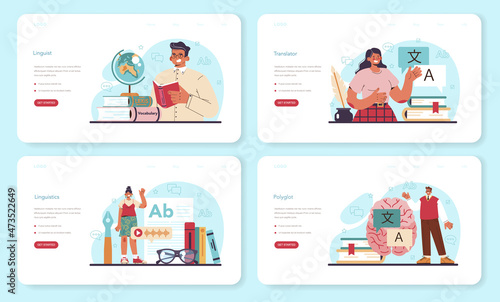 Linguistic web banner or landing page set. Scientific study of language