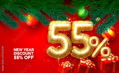 Merry Christmas, sale 55 off ballon number on the red background. Vector