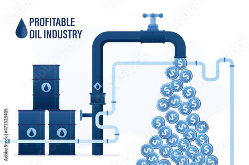 Profitable oil industry. Pipeline, open tap with money flow. Barrels with petrol. Earning, profit from transportation of crude oil. Gas industry. Petroleum extraction business.