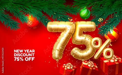 Merry Christmas, sale 75 off ballon number on the red background. Vector