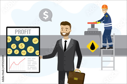 Big oil or gas pipeline. Profitable Oil Industry. Money flow in steel pipeline. Trader or businessman holds tablet pc with growth graph. Engineer opens valve. Petroleum extraction business.